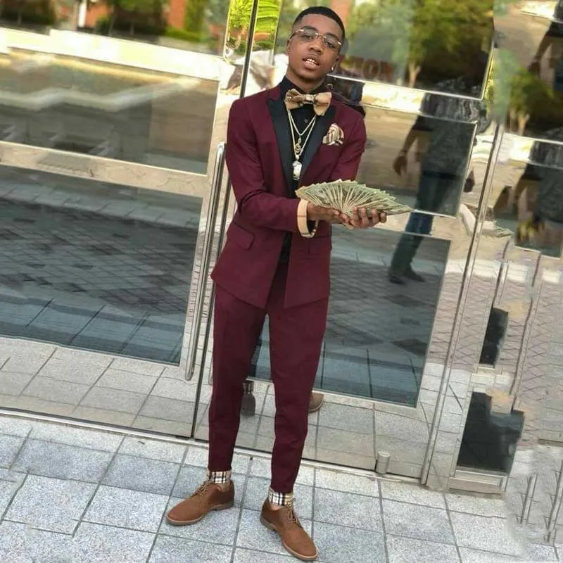 Amazing Burgundy Two Piece Mens Suits with Black Lapel