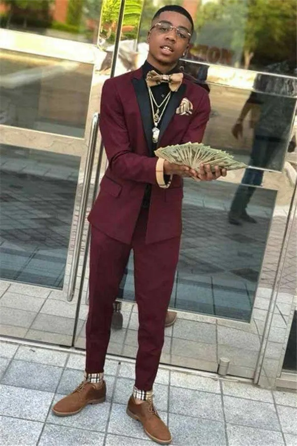 Amazing Burgundy Two Piece Mens Suits with Black Lapel