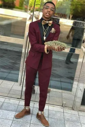 Amazing Burgundy Two Piece Mens Suits with Black Lapel