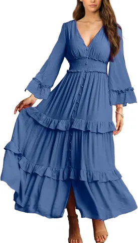 Amegoya Women's V Neck Long Sleeve Boho Maxi Dress Summer Wedding Guest Long Flowy Engagement Dresses