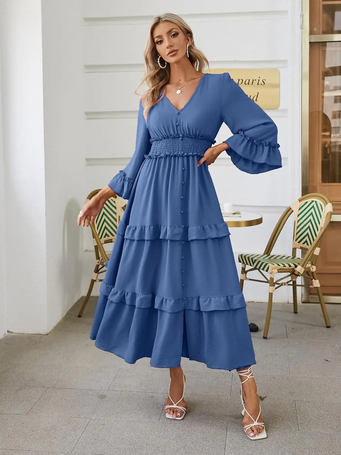 Amegoya Women's V Neck Long Sleeve Boho Maxi Dress Summer Wedding Guest Long Flowy Engagement Dresses