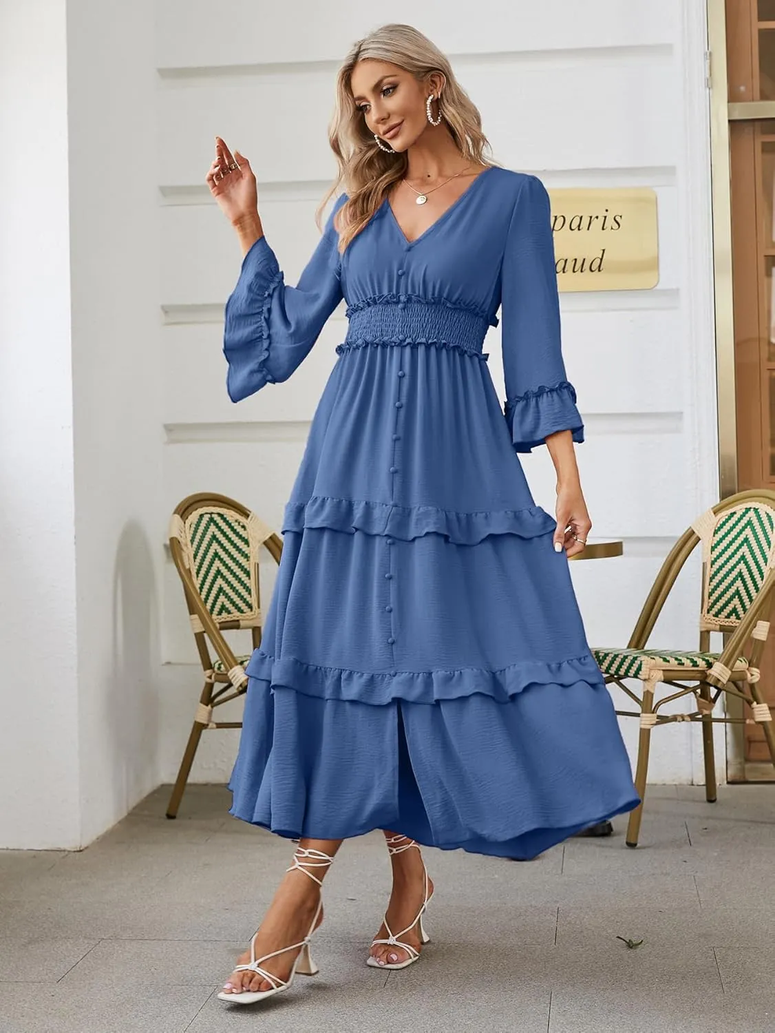 Amegoya Women's V Neck Long Sleeve Boho Maxi Dress Summer Wedding Guest Long Flowy Engagement Dresses