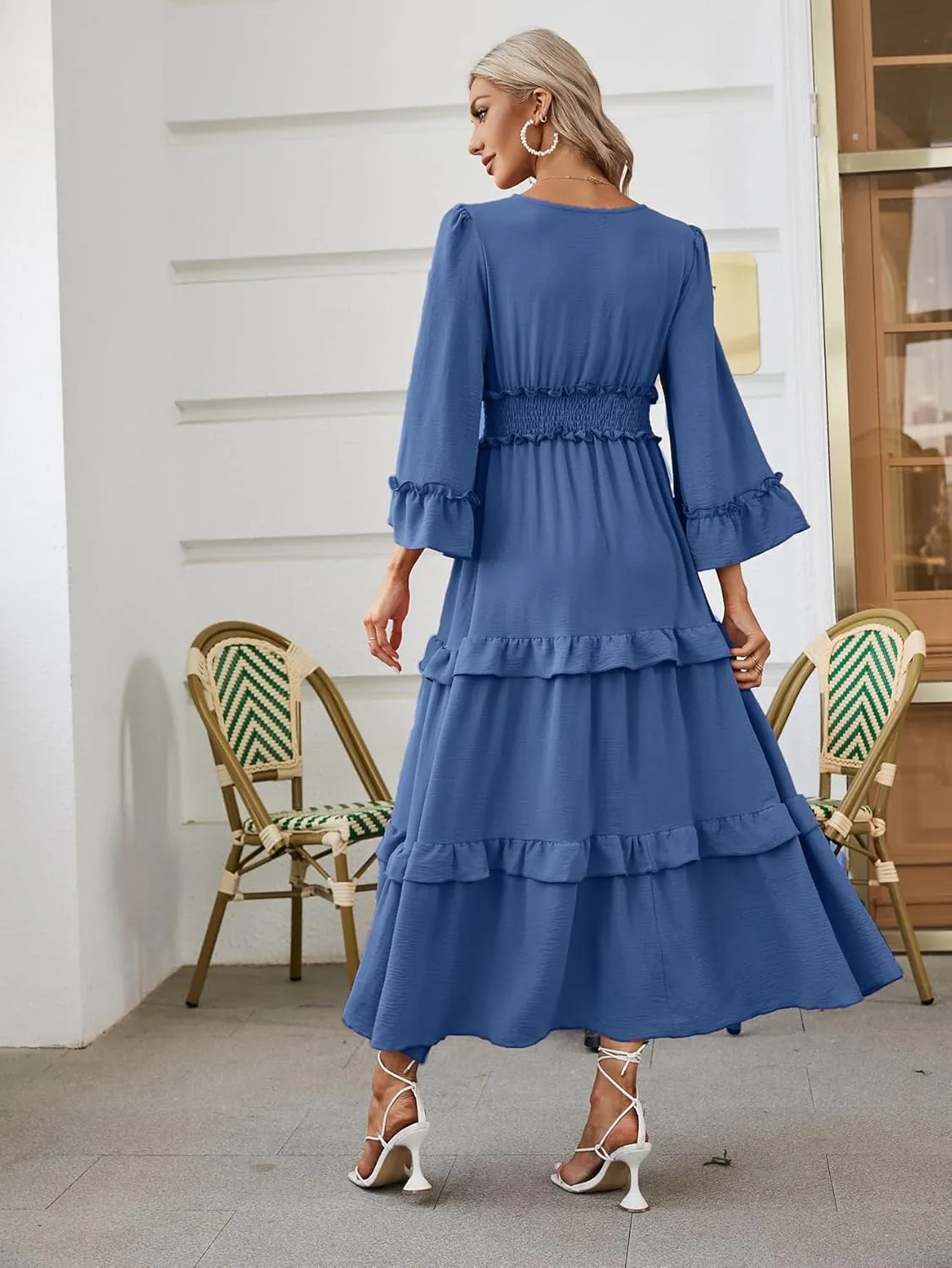 Amegoya Women's V Neck Long Sleeve Boho Maxi Dress Summer Wedding Guest Long Flowy Engagement Dresses