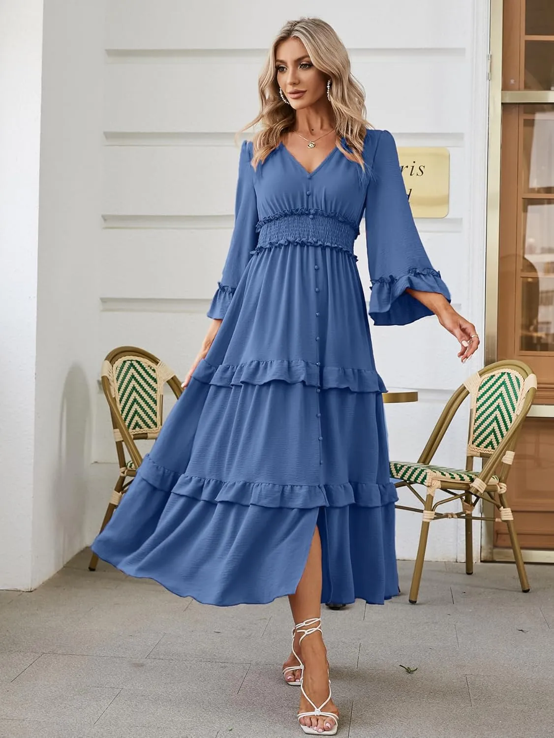 Amegoya Women's V Neck Long Sleeve Boho Maxi Dress Summer Wedding Guest Long Flowy Engagement Dresses