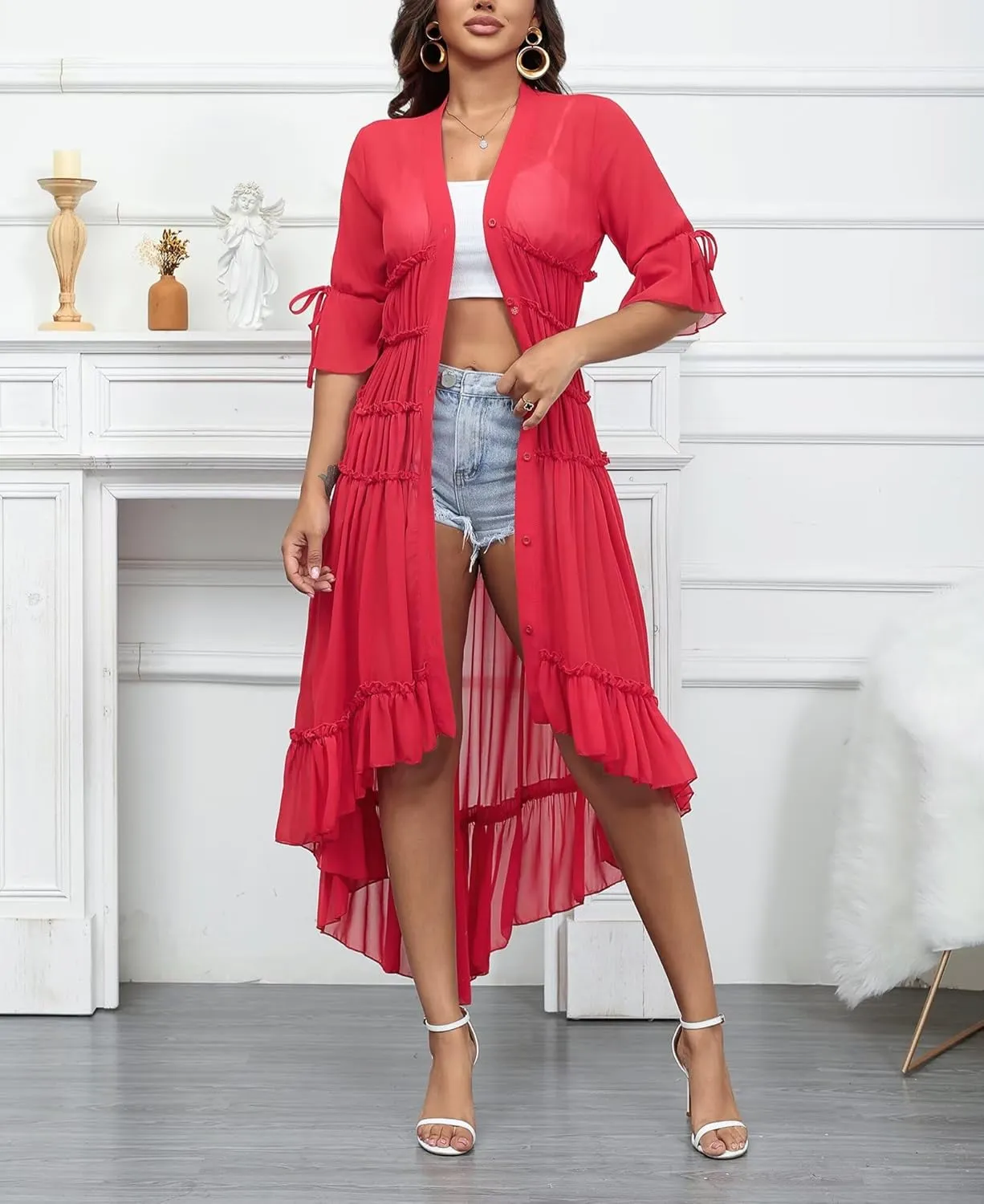 Aro Lora Women's Button Down Shirt Dress Sheer Chiffon V Neck Asymmetrical Ruffle Summer Beach Maxi Dress