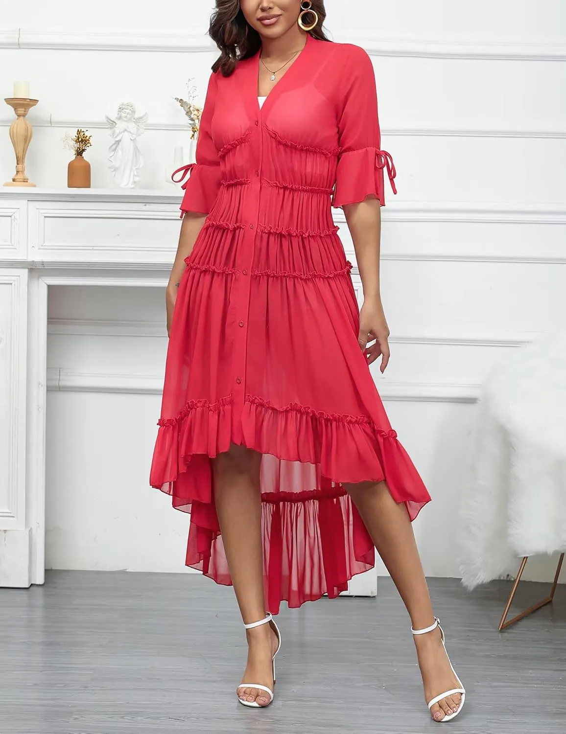 Aro Lora Women's Button Down Shirt Dress Sheer Chiffon V Neck Asymmetrical Ruffle Summer Beach Maxi Dress