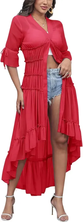 Aro Lora Women's Button Down Shirt Dress Sheer Chiffon V Neck Asymmetrical Ruffle Summer Beach Maxi Dress
