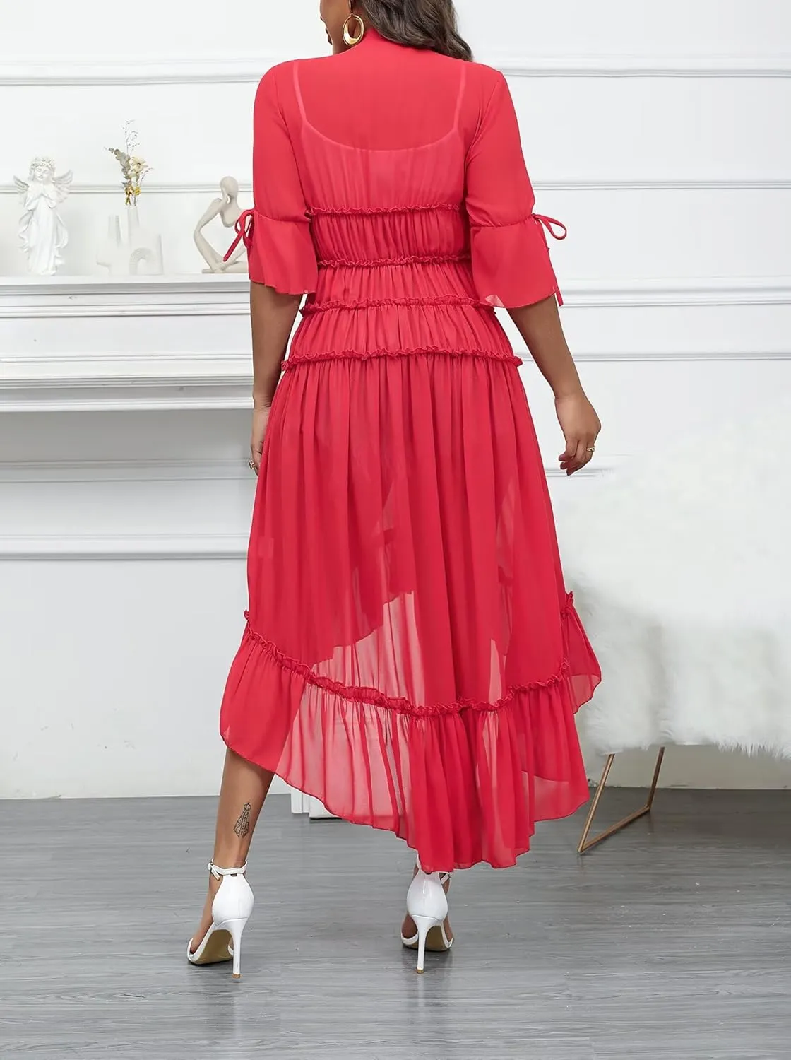 Aro Lora Women's Button Down Shirt Dress Sheer Chiffon V Neck Asymmetrical Ruffle Summer Beach Maxi Dress