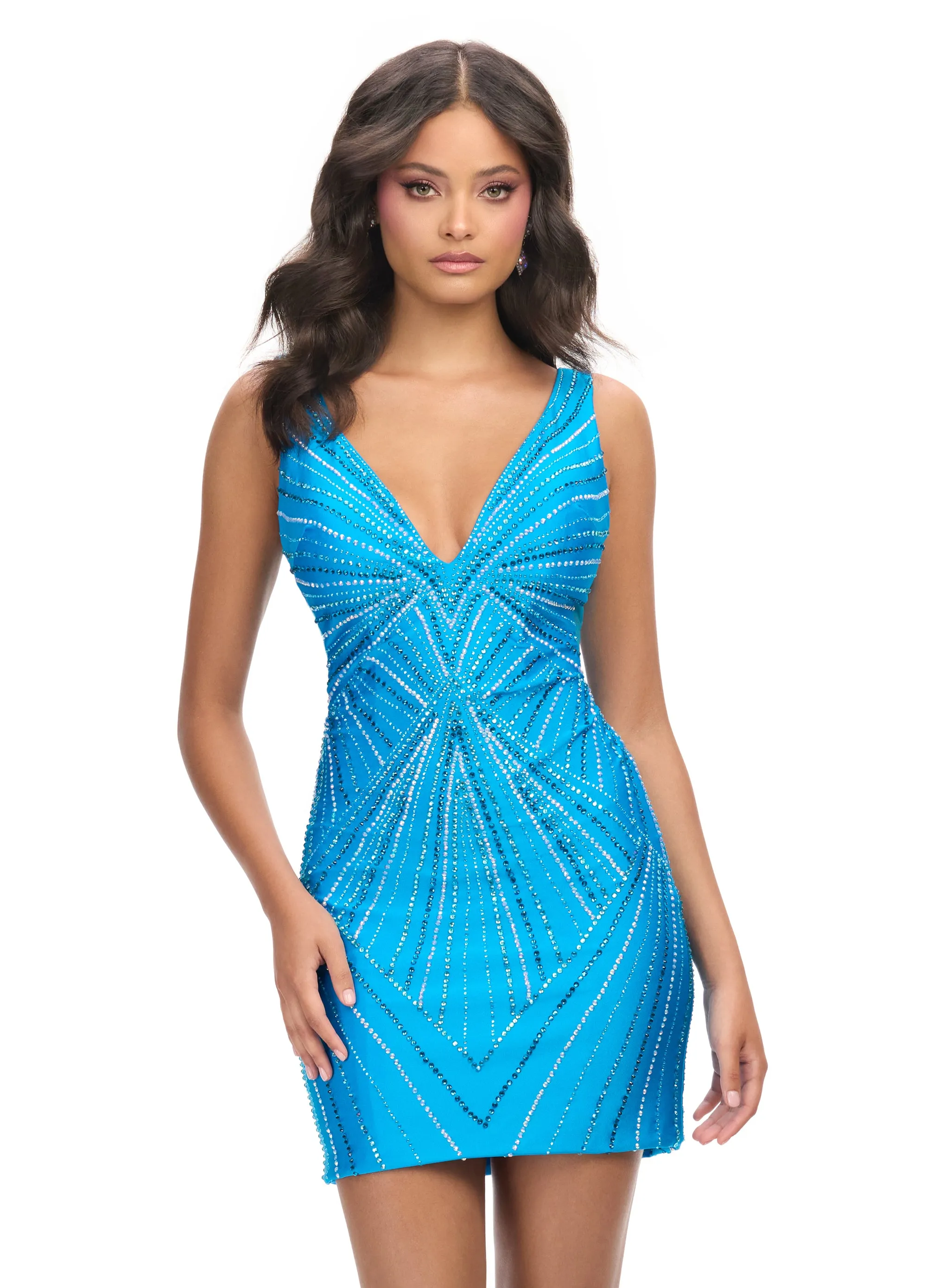 Ashley Lauren 4723 V Neckline Cocktail Dress Press Stone Design Stretch