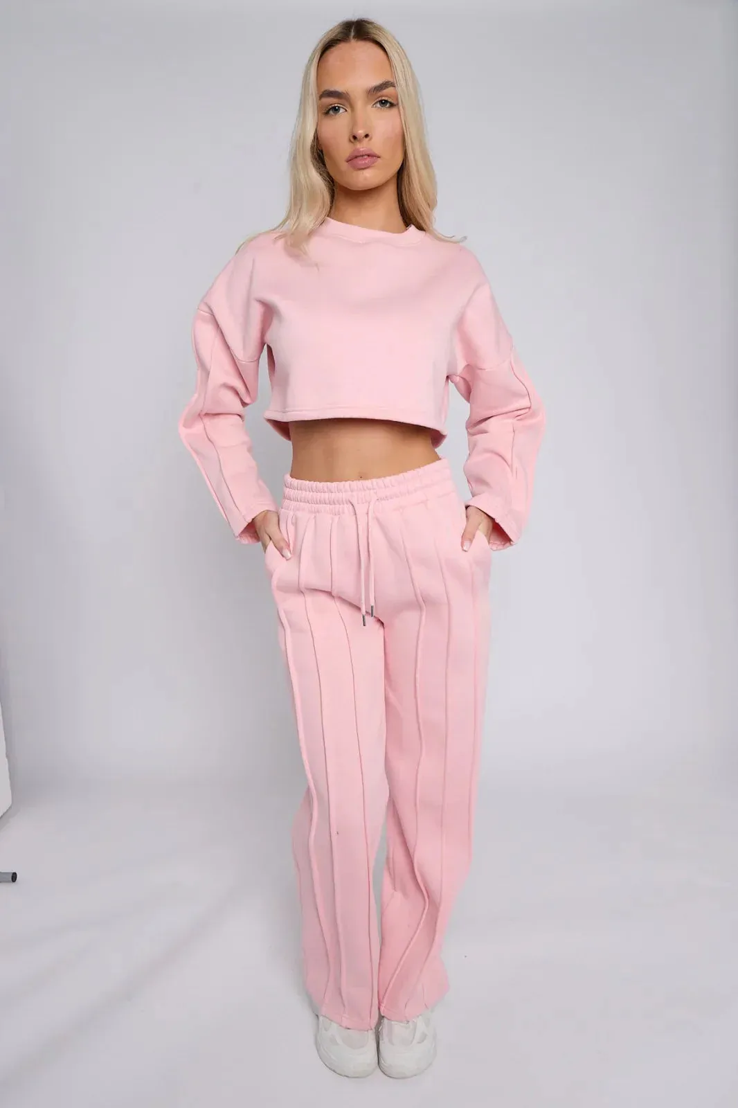 Baby Pink Seam Detail Oversized Crop Top & Joggers Fleece Co-ord