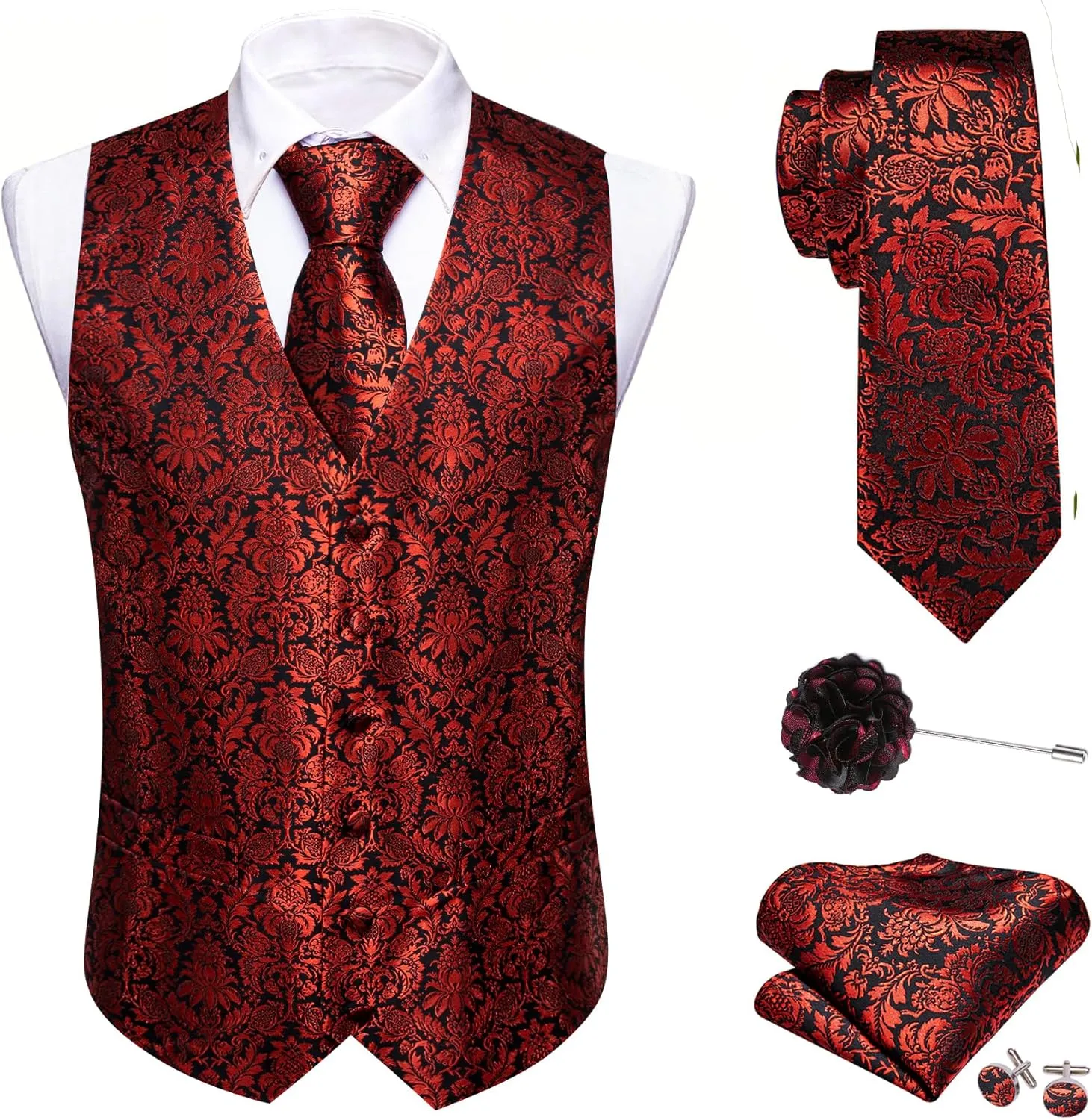 Barry.Wang Mens Paisley V-neck Suit Vest Formal/Leisure Silk Jacquard Waistcoat Tie Set 5PCS