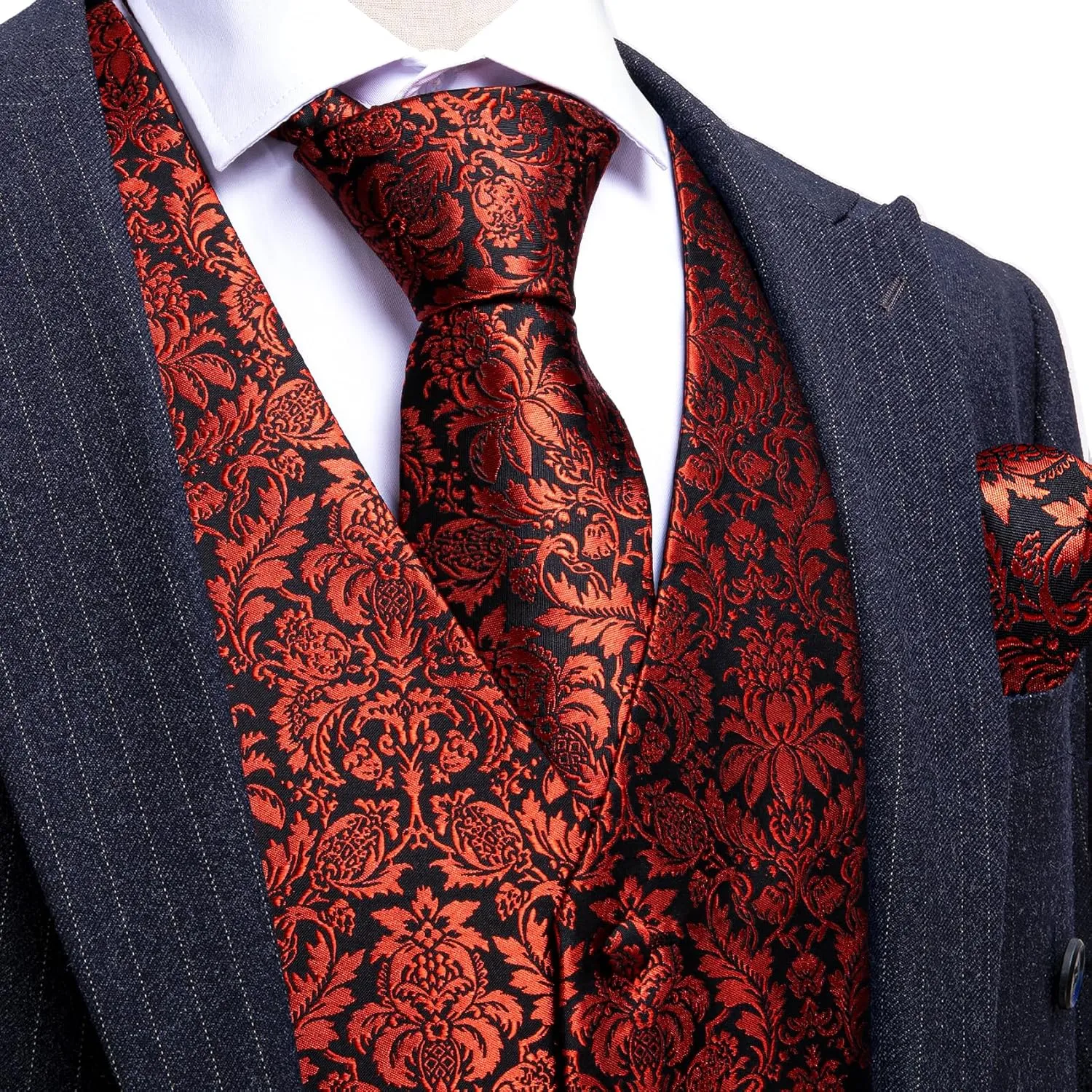 Barry.Wang Mens Paisley V-neck Suit Vest Formal/Leisure Silk Jacquard Waistcoat Tie Set 5PCS