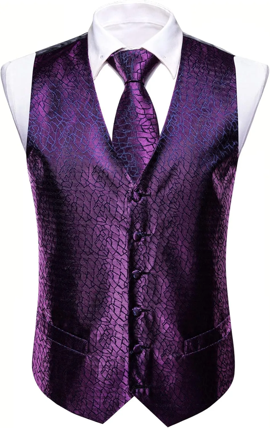 Barry.Wang Mens Paisley V-neck Suit Vest Formal/Leisure Silk Jacquard Waistcoat Tie Set 5PCS
