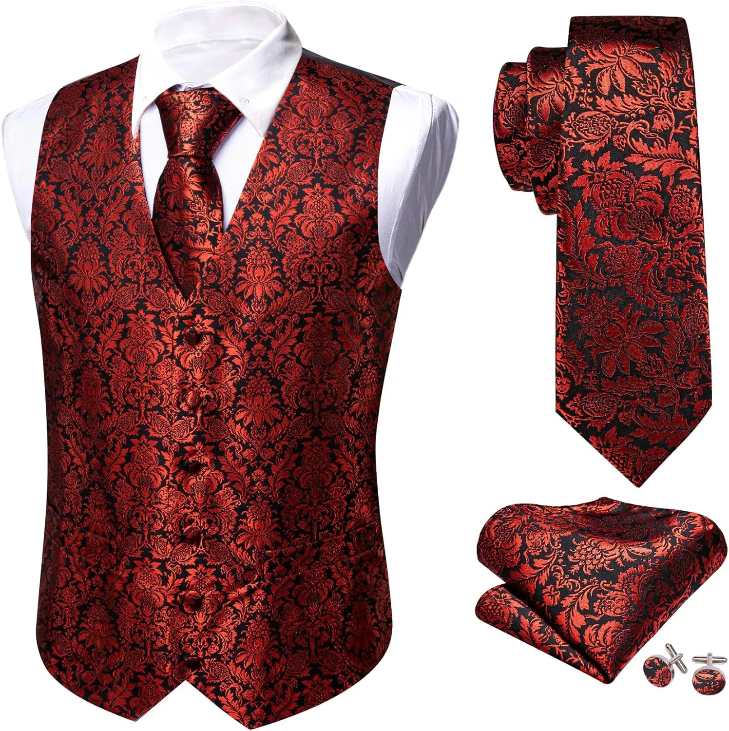 Barry.Wang Mens Paisley V-neck Suit Vest Formal/Leisure Silk Jacquard Waistcoat Tie Set 5PCS