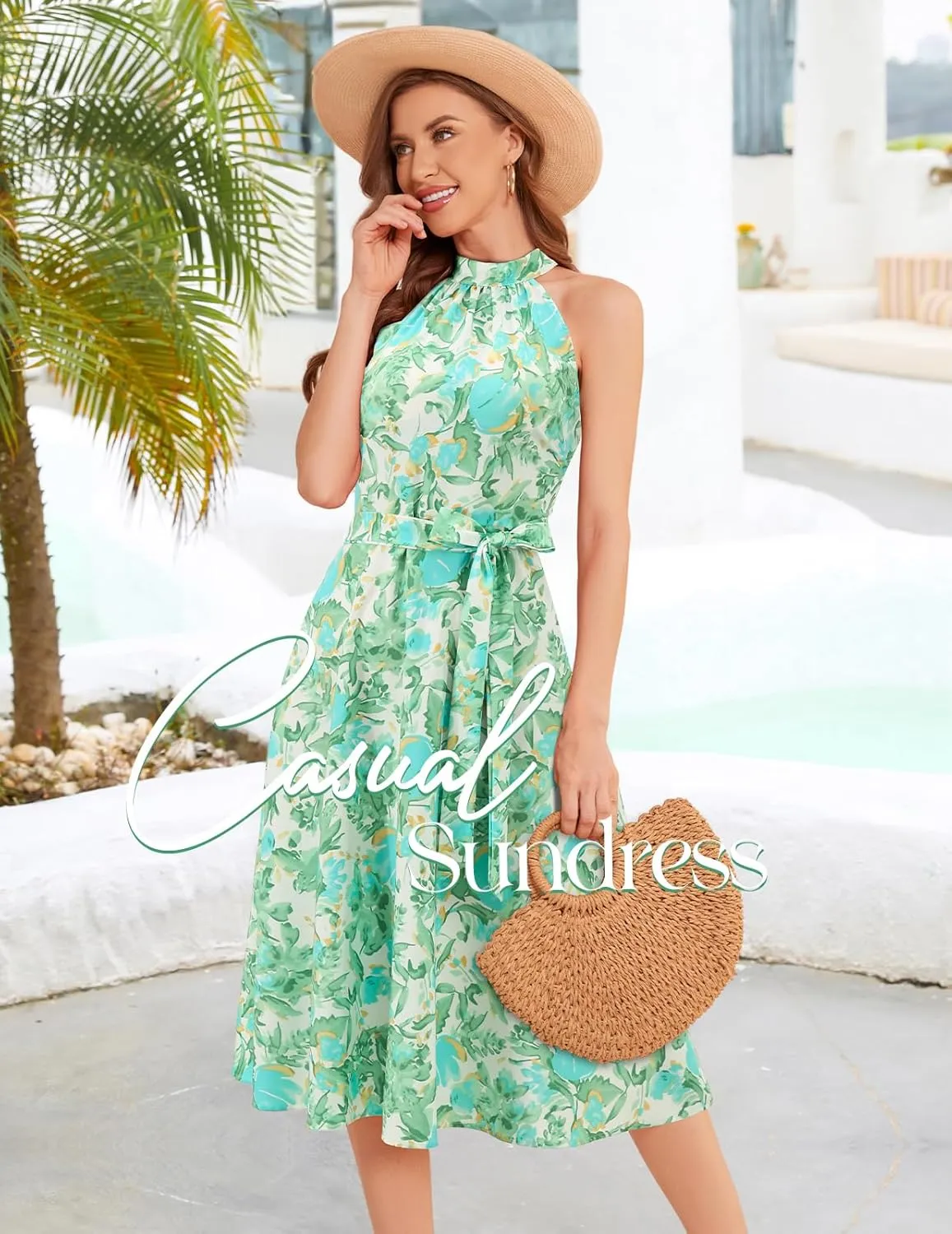 Bbonlinedress Women Halter Summer Floral Sundress Midi Casual Beach Vacation Flowy Boho 2025 Dress
