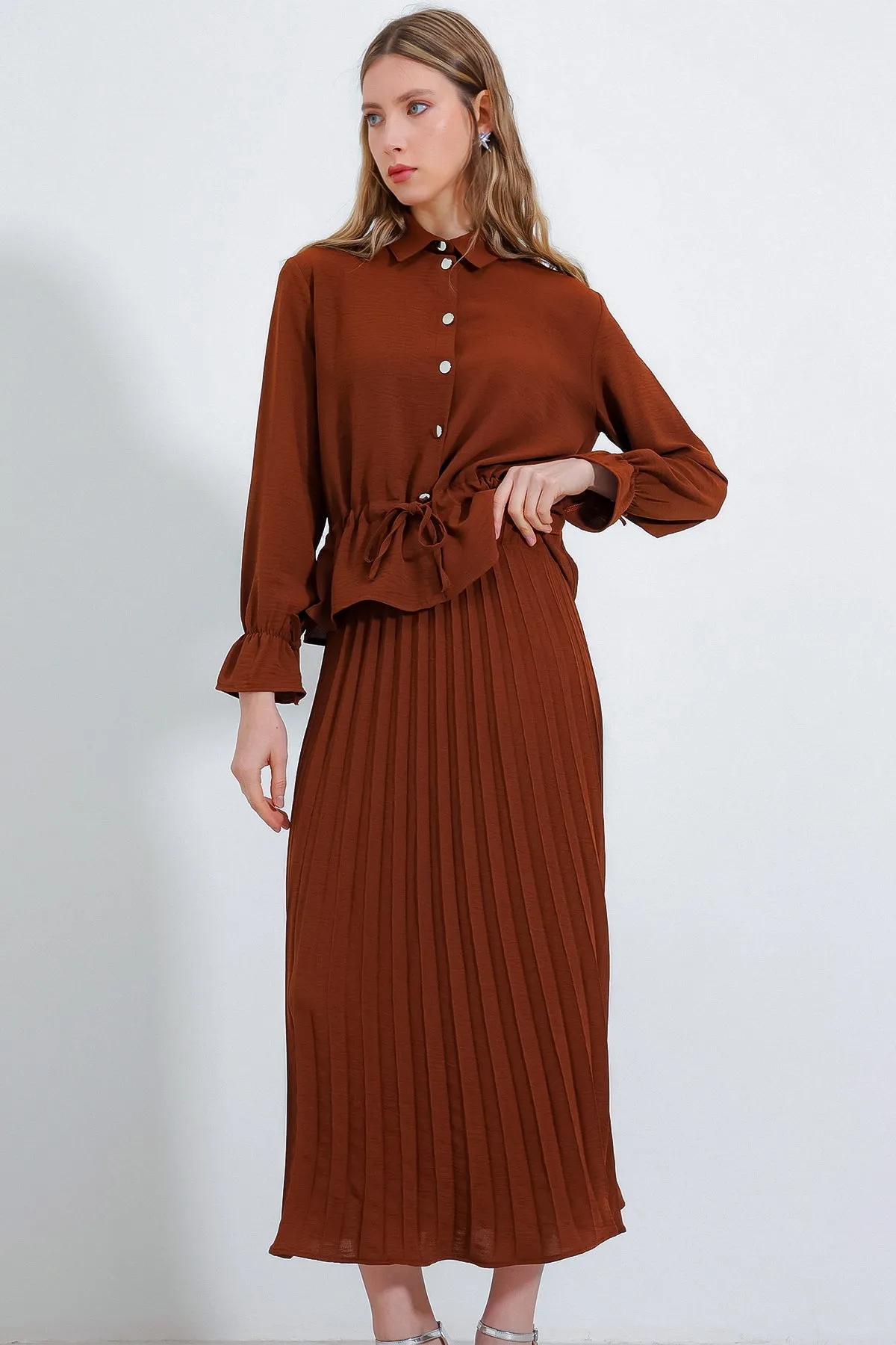 BGD Women Pleated Skirt Two-Piece Set - Tan - Avondale