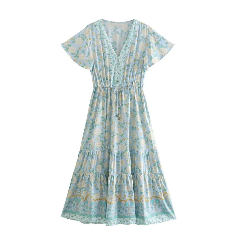 Boho Maxi Dress, Sundress, Blue and Red Theodosia