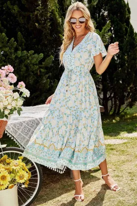 Boho Maxi Dress, Sundress, Blue and Red Theodosia