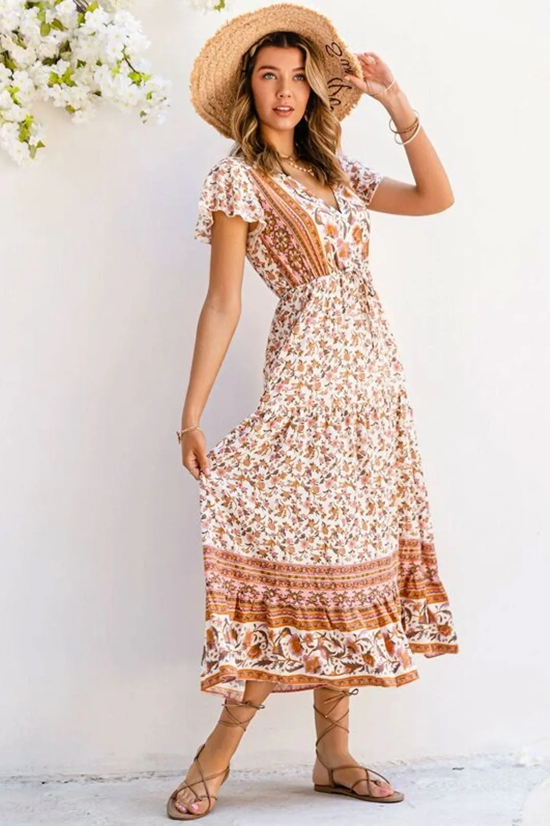 Boho Maxi Dress, Sundress, White Peanut Butter