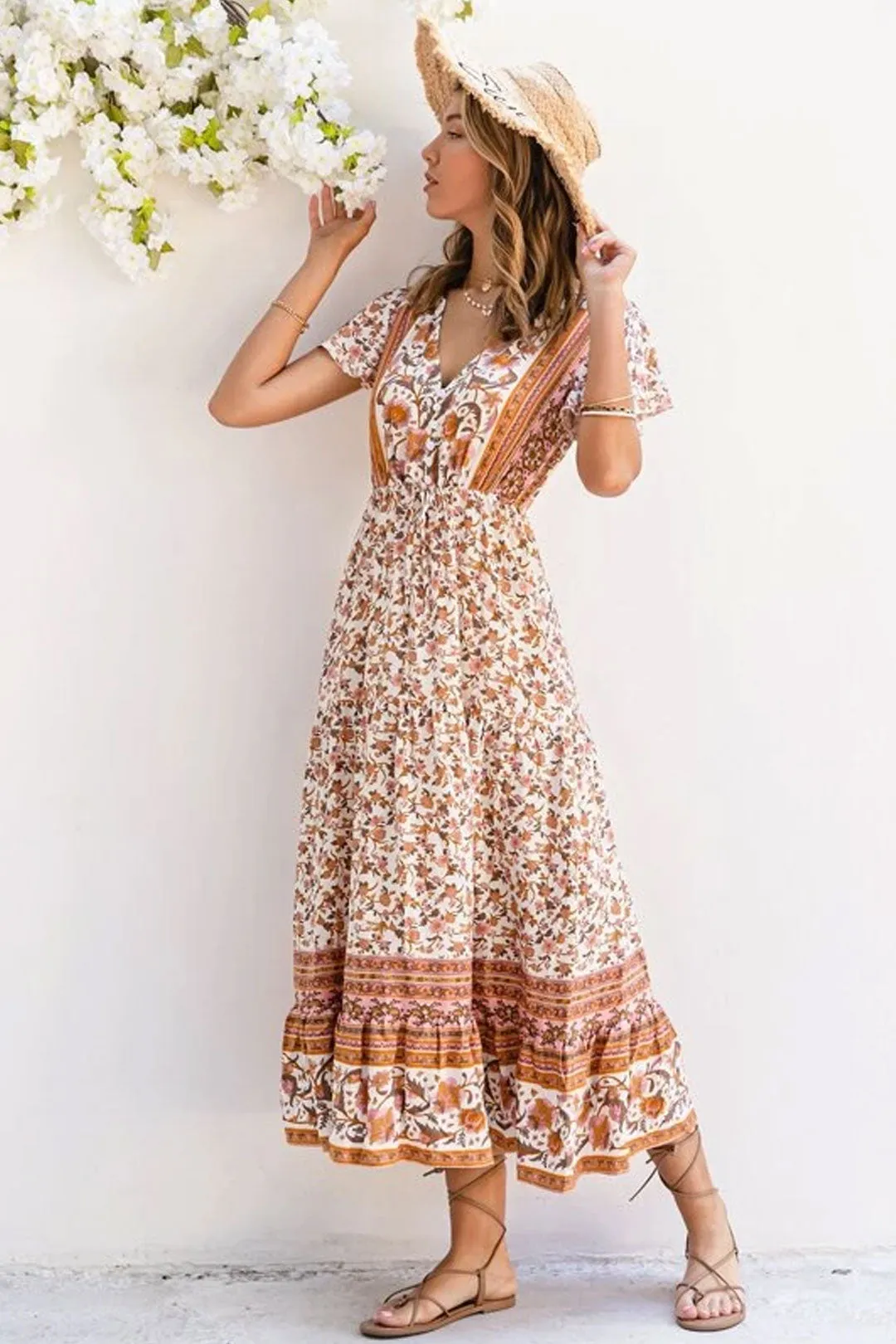 Boho Maxi Dress, Sundress, White Peanut Butter