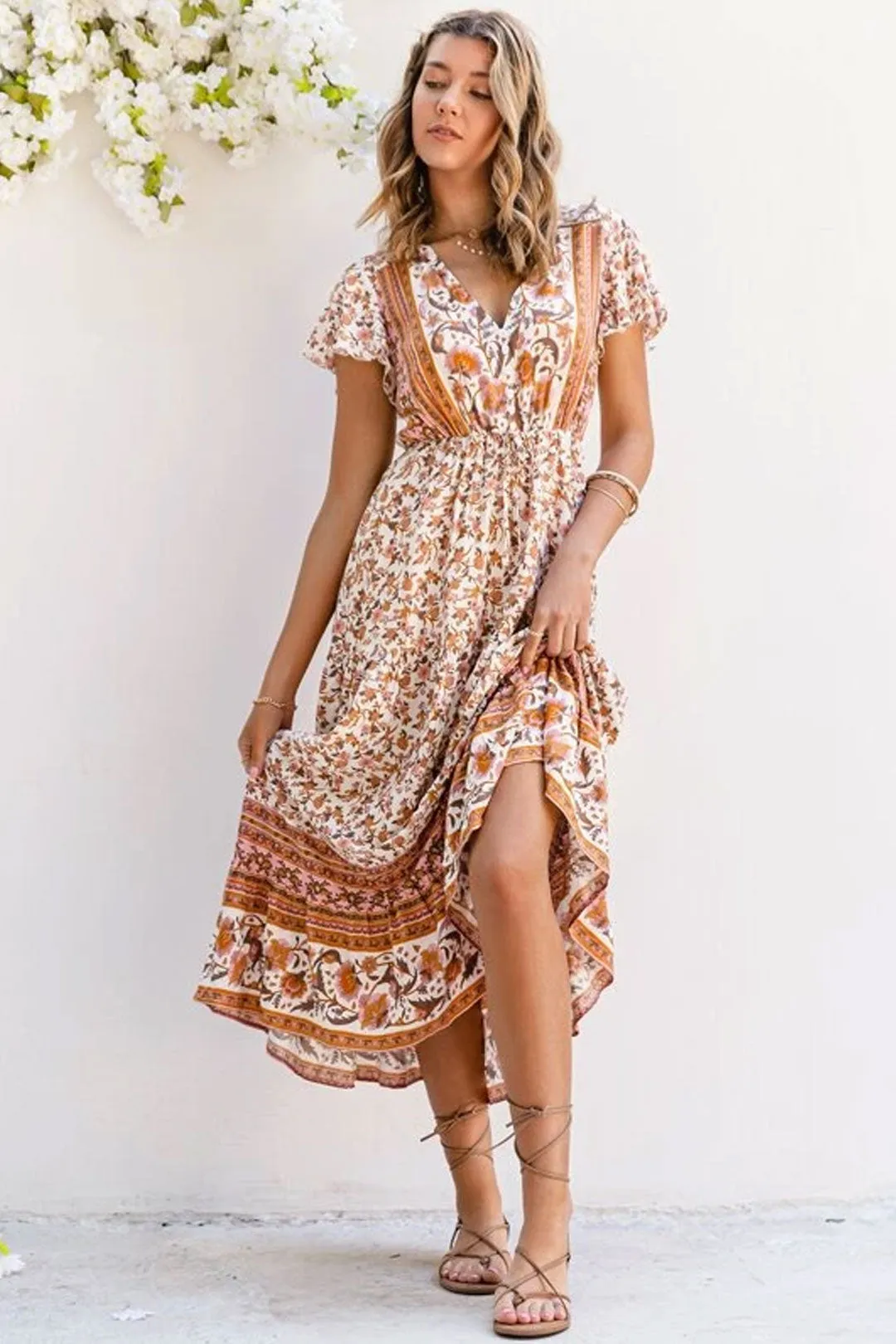 Boho Maxi Dress, Sundress, White Peanut Butter