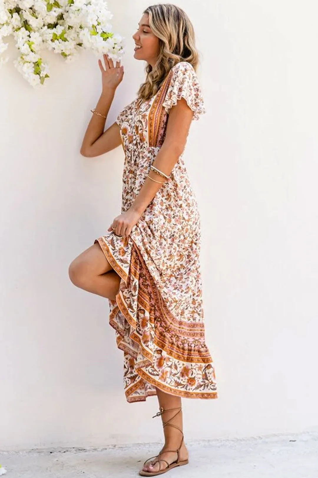 Boho Maxi Dress, Sundress, White Peanut Butter