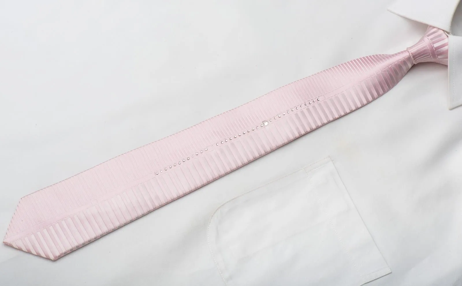 Christian Stephanus Men's Skinny Silk Tie Striped On Pink With Crystal Rhinestones