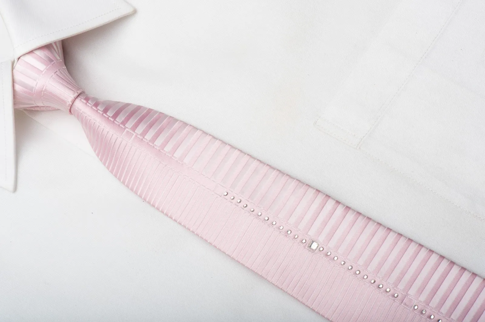 Christian Stephanus Men's Skinny Silk Tie Striped On Pink With Crystal Rhinestones