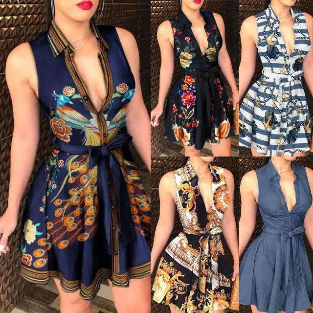 Collar Strap Basic Model Fashion Sexy Print Dress
