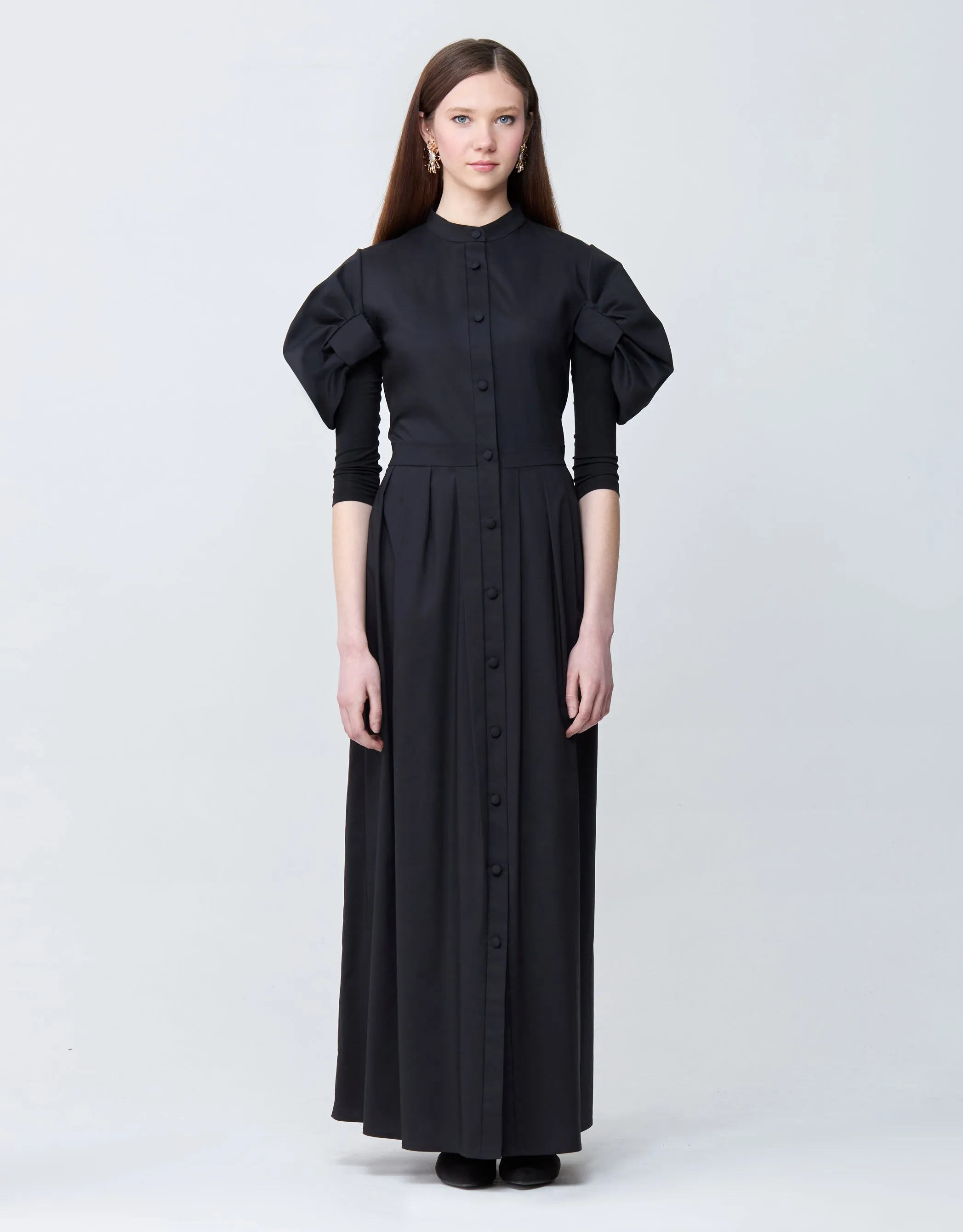 Cotton Poplin Maxi Dress Shabbos Robe with Cinched Puff Sleeves