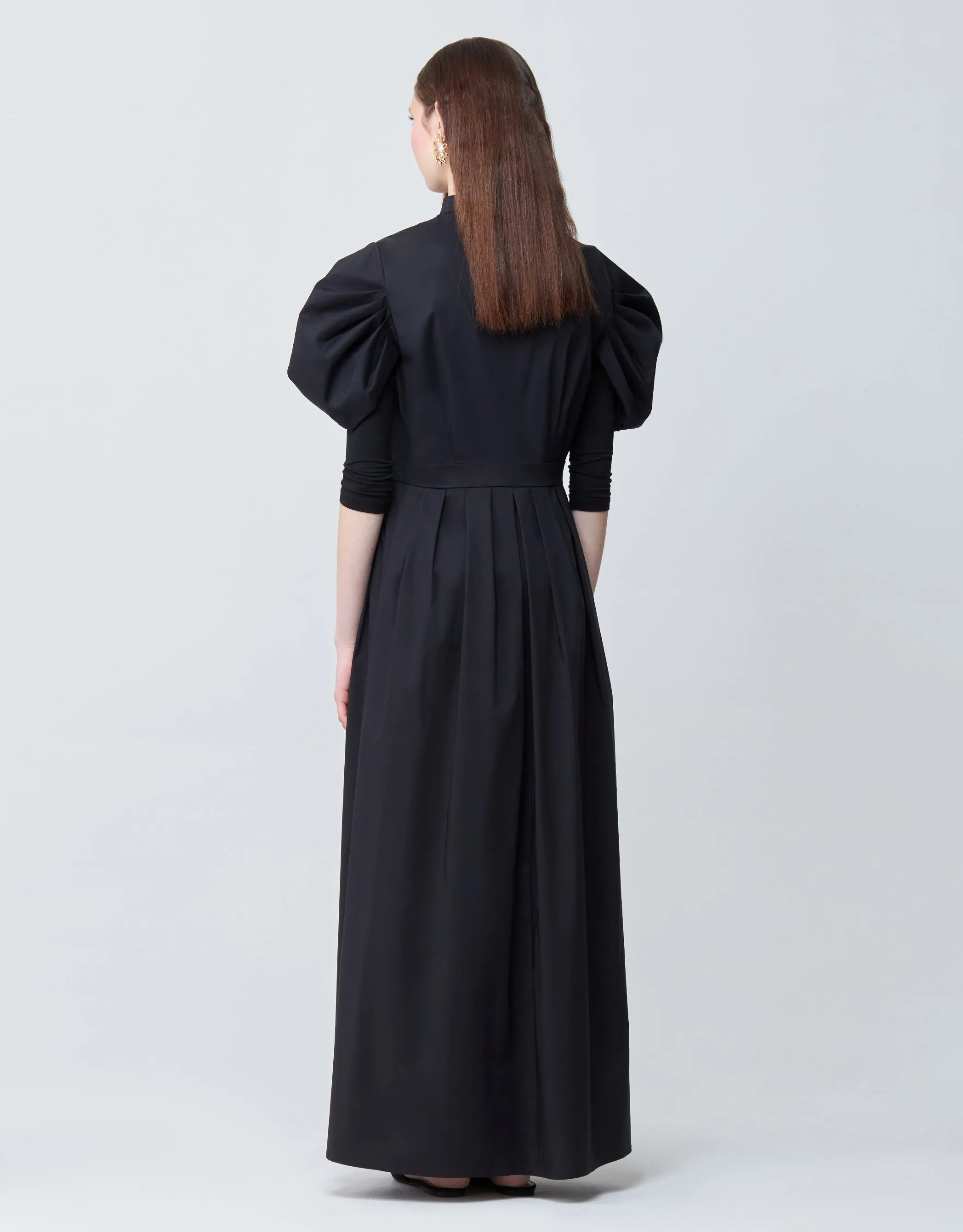 Cotton Poplin Maxi Dress Shabbos Robe with Cinched Puff Sleeves
