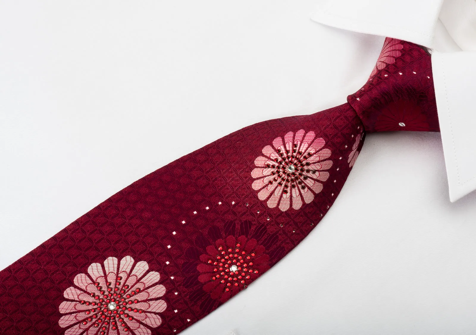 Cuni Homme Silk Rhinestone Necktie Abstract Floral On Burgundy With Silver Sparkles