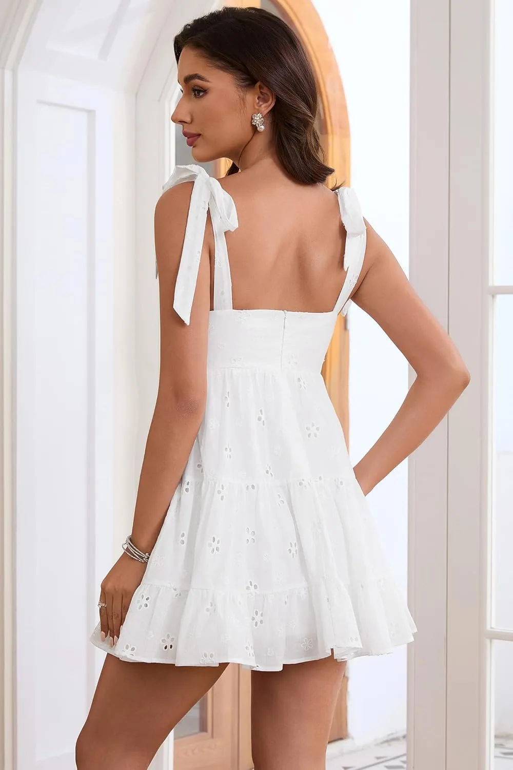 Cute Short Dresses for Women Deep V Neck Empire Waist Sundress Tie Shoulder Tiered A Line Short Mini Dress