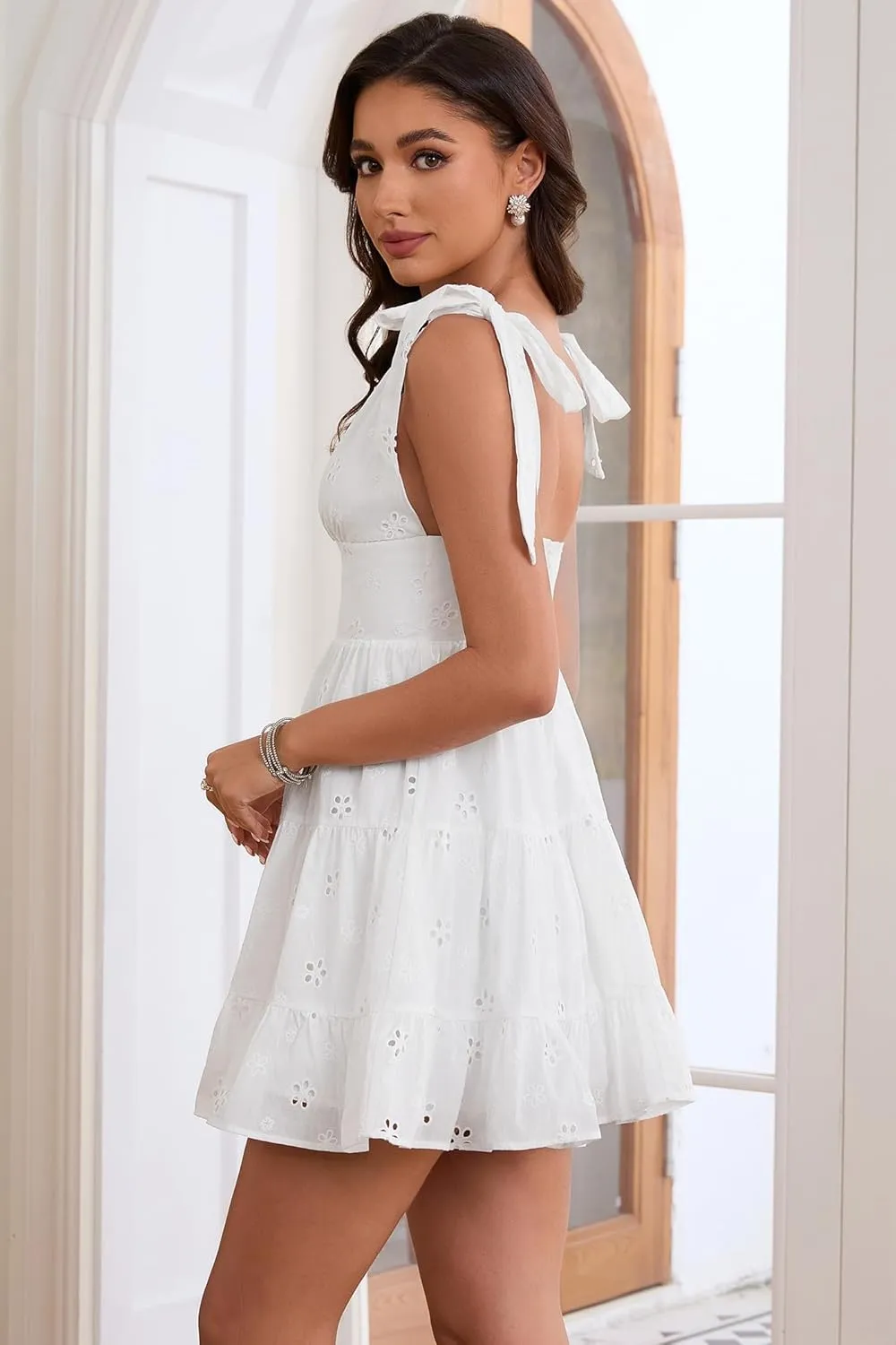 Cute Short Dresses for Women Deep V Neck Empire Waist Sundress Tie Shoulder Tiered A Line Short Mini Dress
