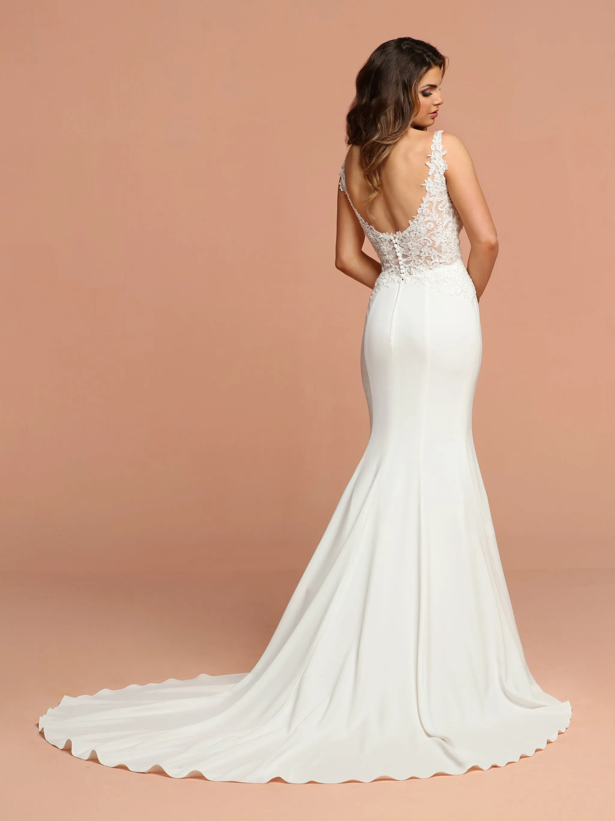 Davinci Bridal 50592 Crepe Mermaid Sheer Lace Wedding Dress Open Back V Neck Gown