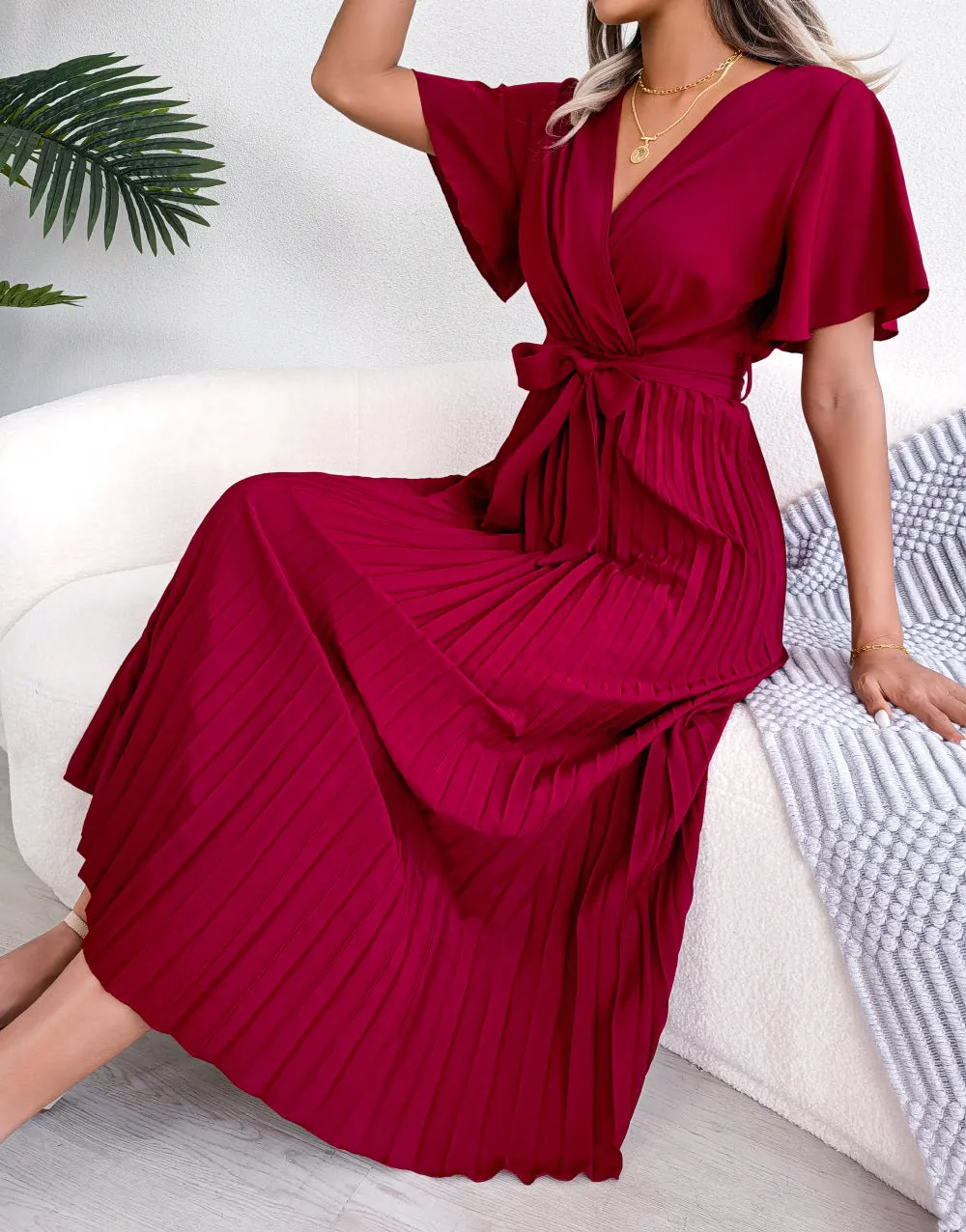 Elegant Cross V-neck Basic Model Swing Pleated Maxi Women's Dress