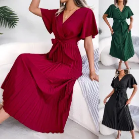 Elegant Cross V-neck Basic Model Swing Pleated Maxi Women's Dress