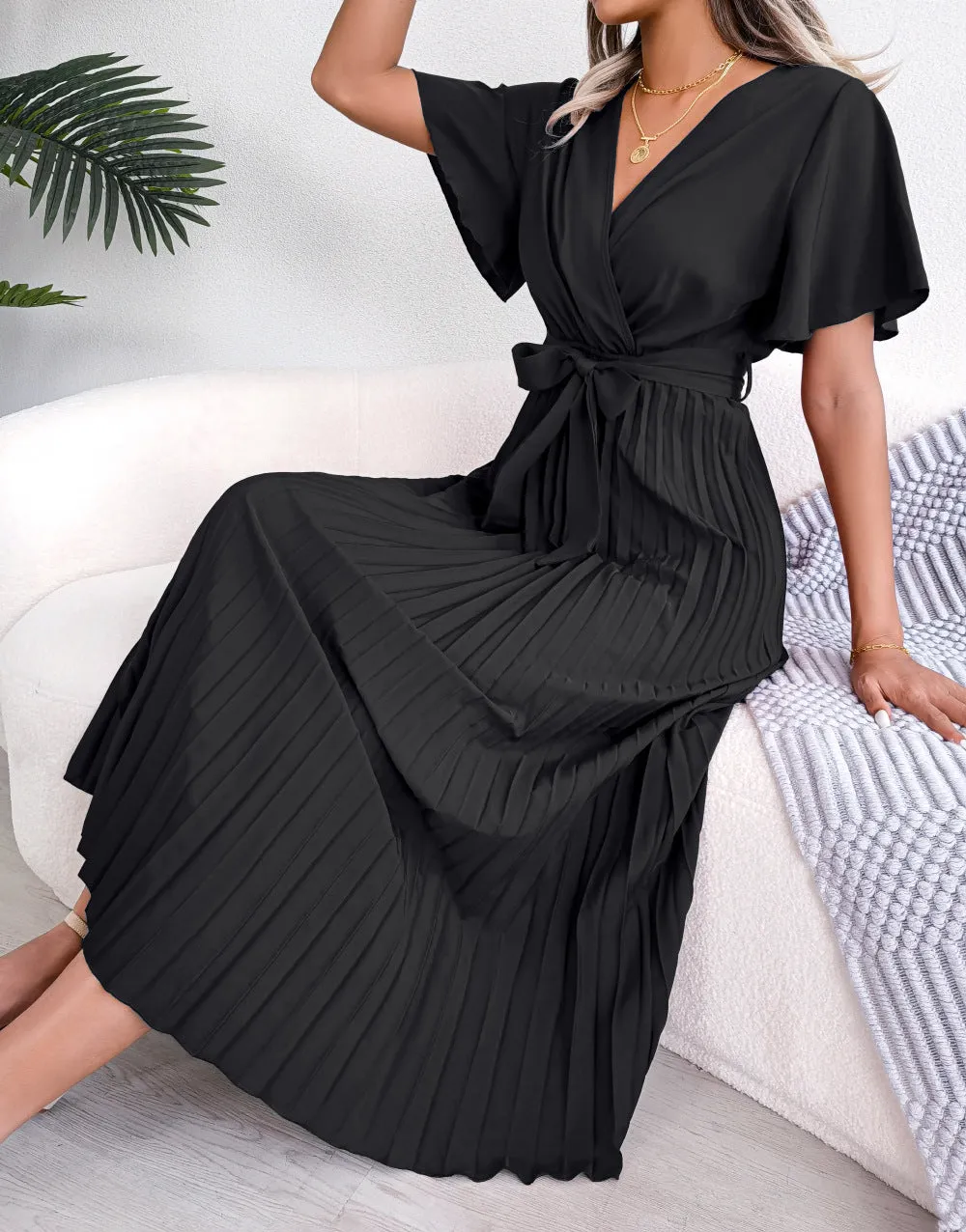 Elegant Cross V-neck Basic Model Swing Pleated Maxi Women's Dress