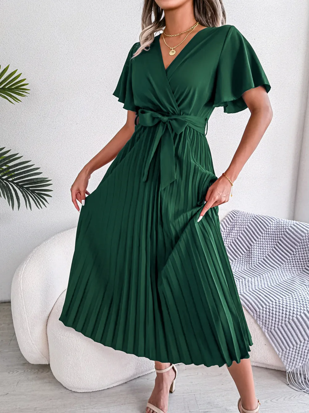 Elegant Cross V-neck Basic Model Swing Pleated Maxi Women's Dress