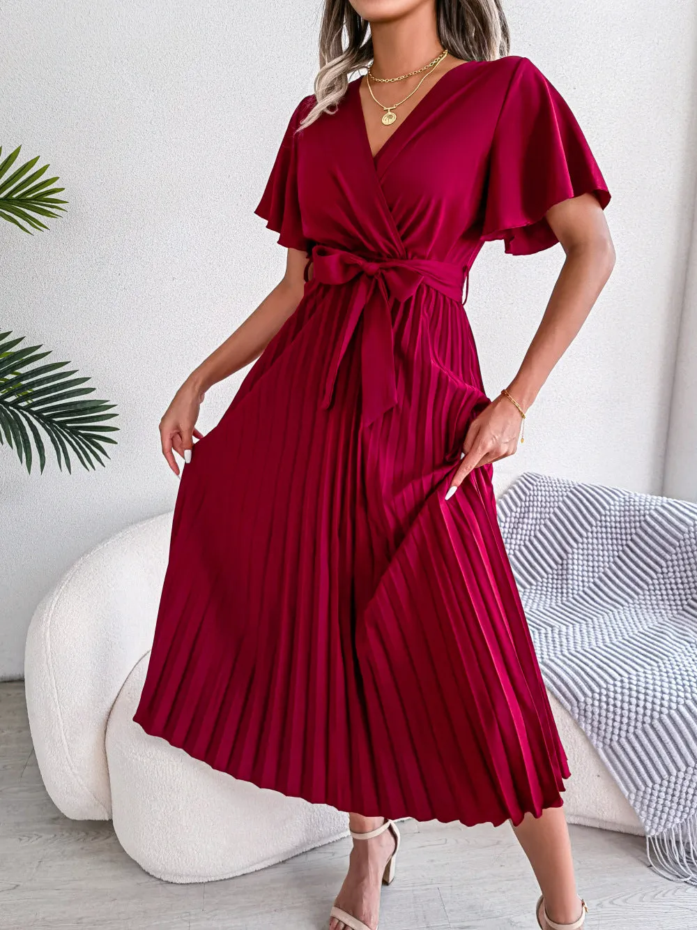 Elegant Cross V-neck Basic Model Swing Pleated Maxi Women's Dress