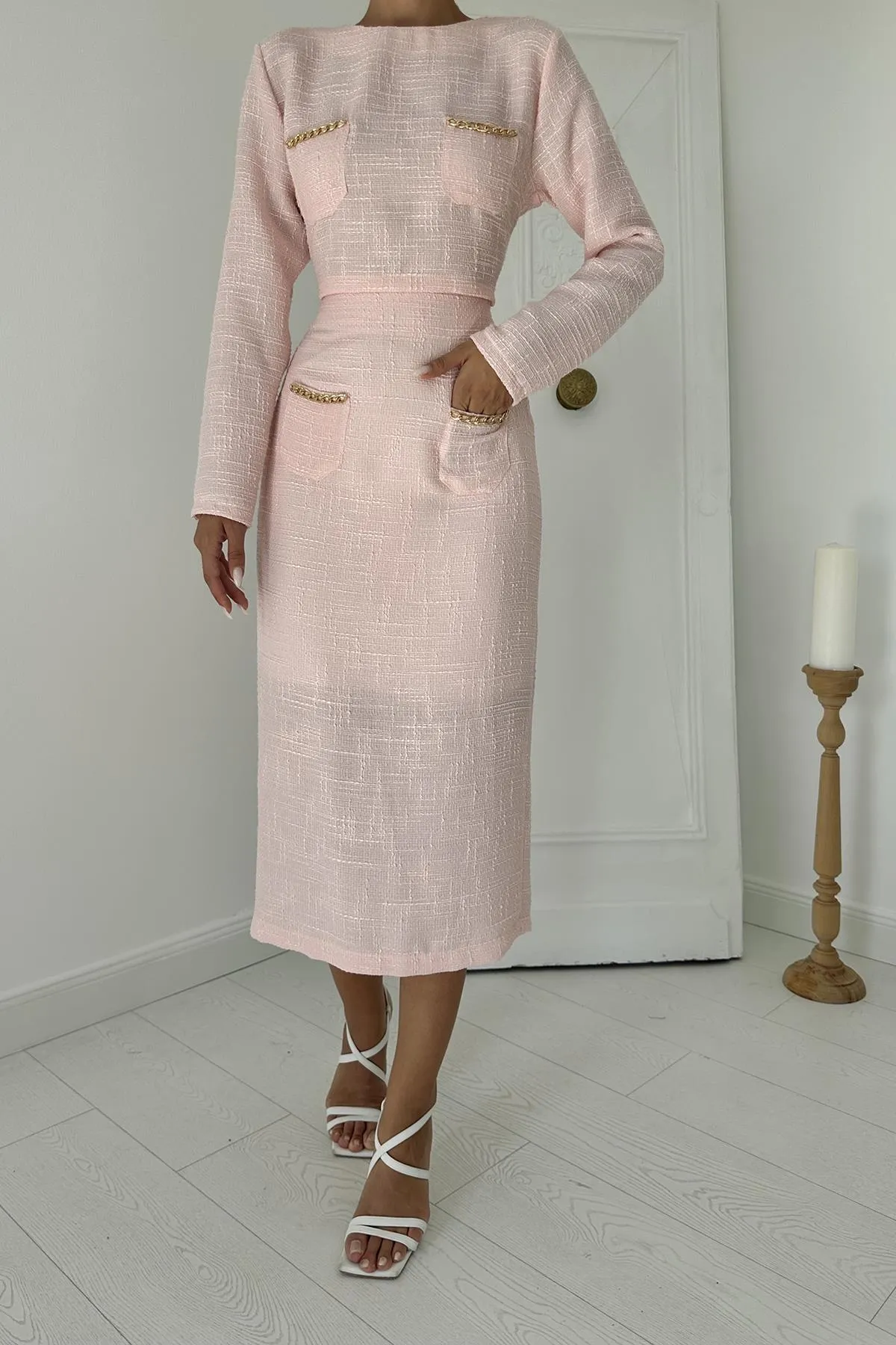 ELS Pocket Chain Blouse and Skirt Set - Powder - Montclair