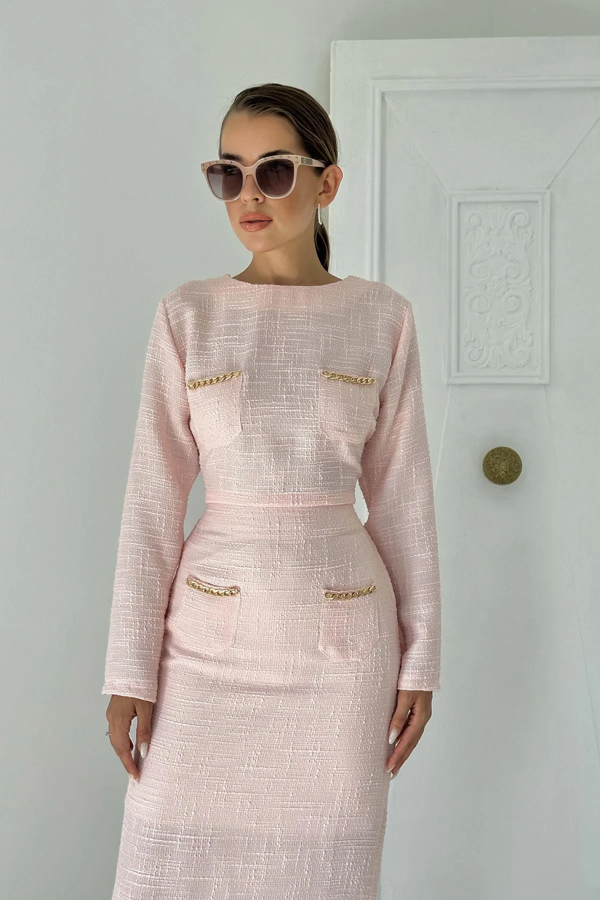 ELS Pocket Chain Blouse and Skirt Set - Powder - Montclair