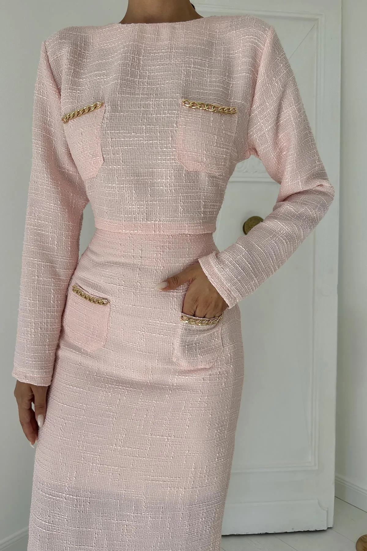 ELS Pocket Chain Blouse and Skirt Set - Powder - Montclair