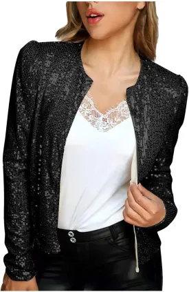 Fashion Sequin Jacket Women's Casual Party Elegant Sparkle Long Sleeve Jackets Glitter Front Zip Blazer Bomber Jacket