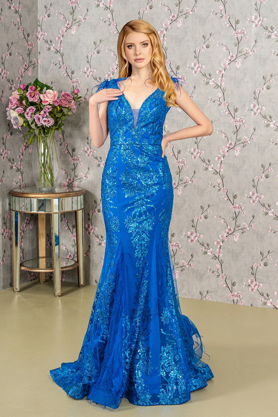 Feather Embellished Sleeveless Glitter Mesh Prom Dress Sheer Back GLGL1983