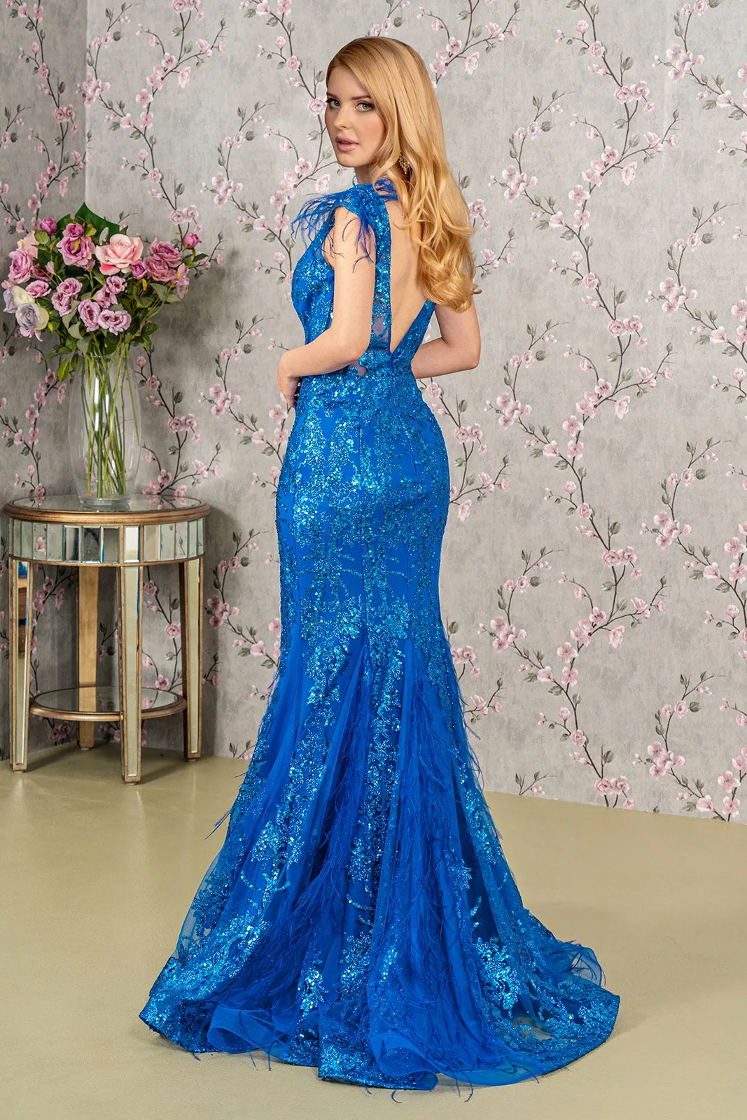 Feather Embellished Sleeveless Glitter Mesh Prom Dress Sheer Back GLGL1983