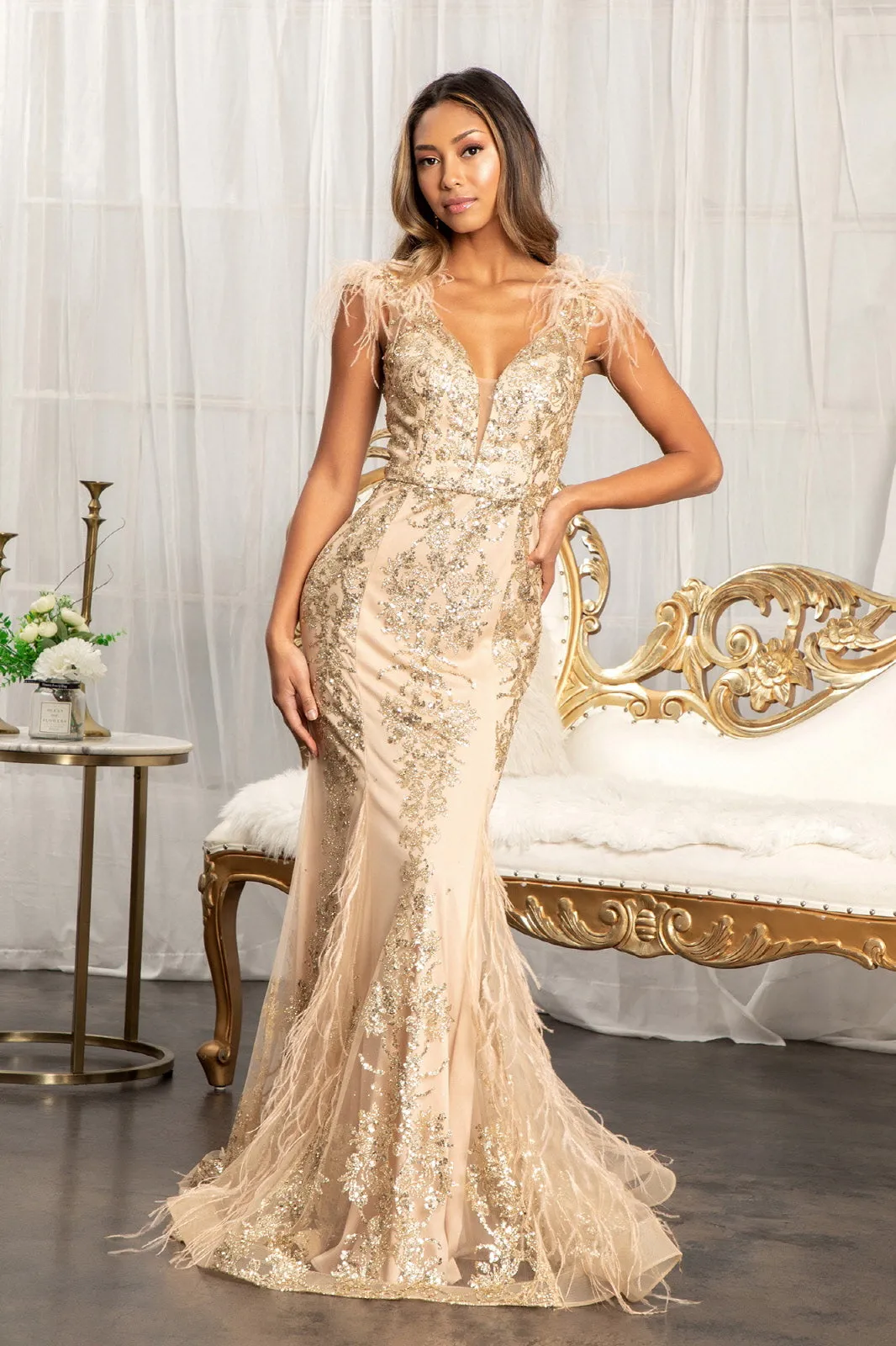 Feather Embellished Sleeveless Glitter Mesh Prom Dress Sheer Back GLGL1983