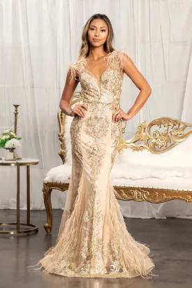 Feather Embellished Sleeveless Glitter Mesh Prom Dress Sheer Back GLGL1983