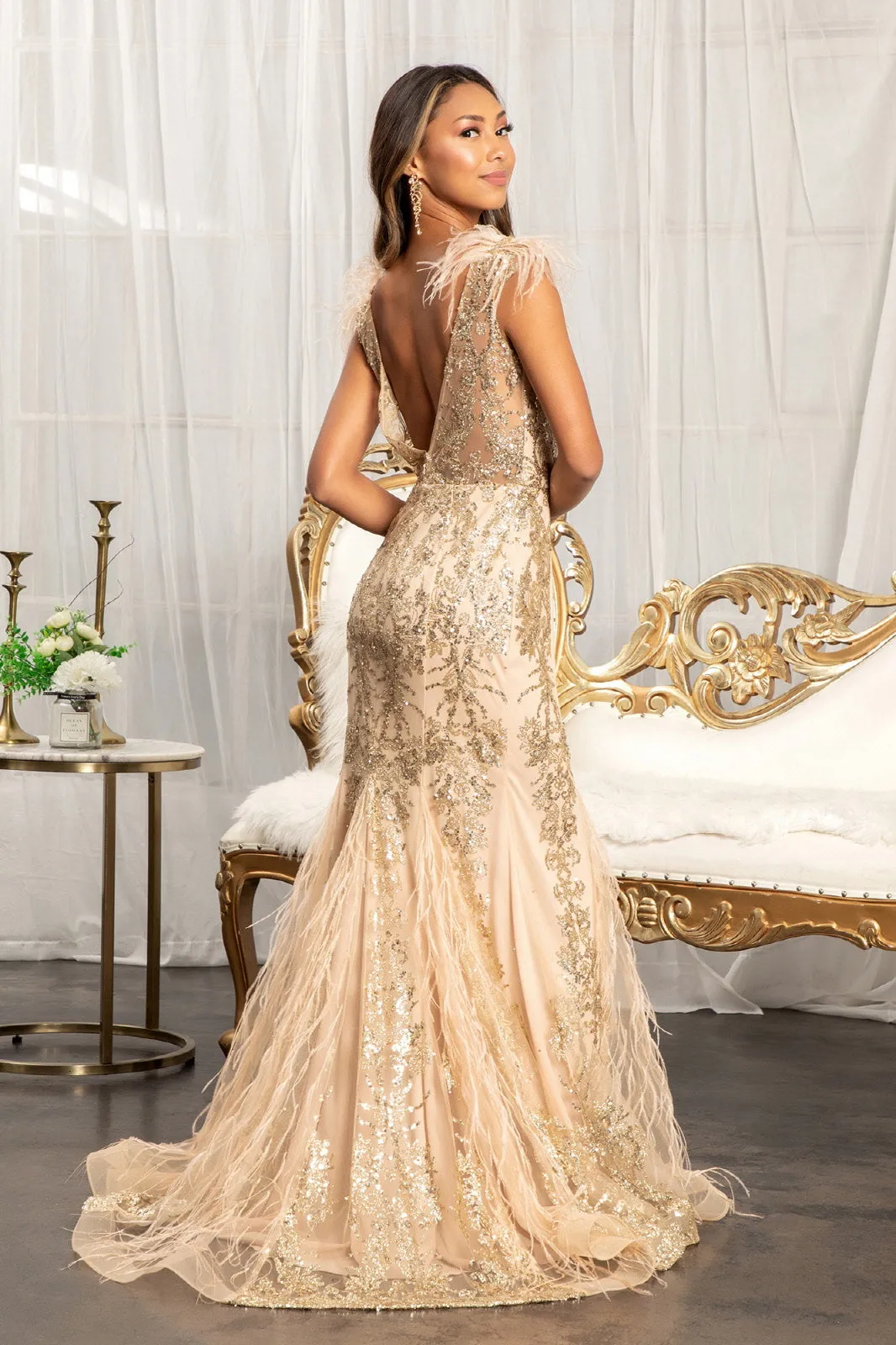 Feather Embellished Sleeveless Glitter Mesh Prom Dress Sheer Back GLGL1983
