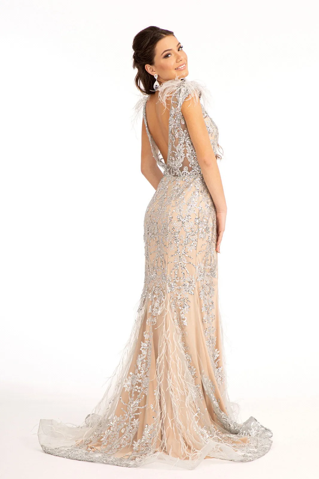 Feather Embellished Sleeveless Glitter Mesh Prom Dress Sheer Back GLGL1983